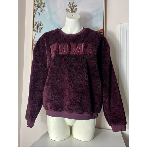 Puma Eggplant Purple Sherpa Faux Fur Crewneck Pullover Sweatshirt Size Large - Picture 1 of 8